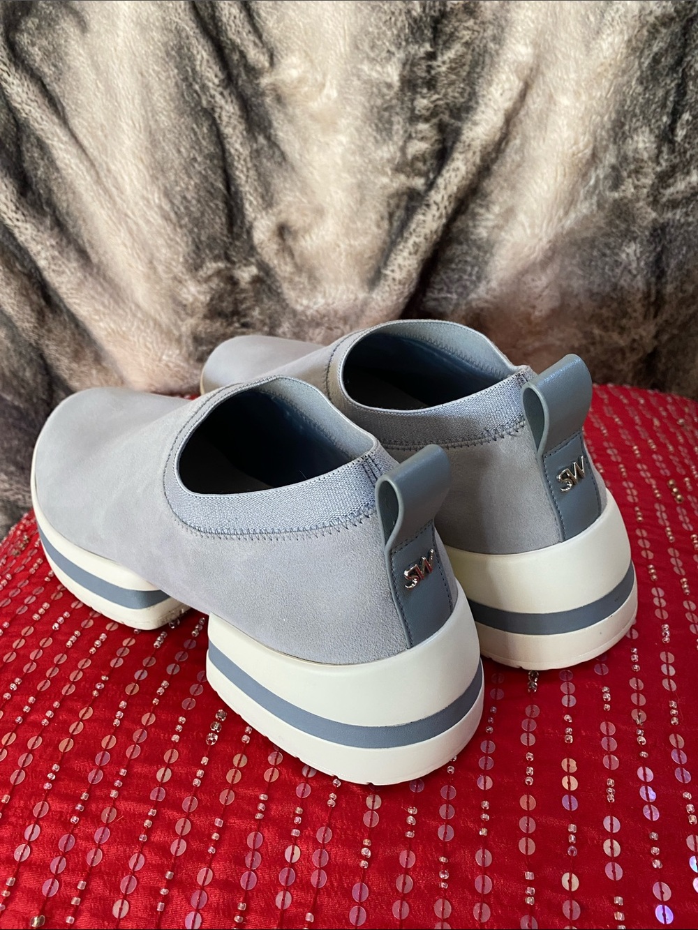Stuart Weitzman Suede Pale Blue Silver Logo Sneakers In Excellent Condition